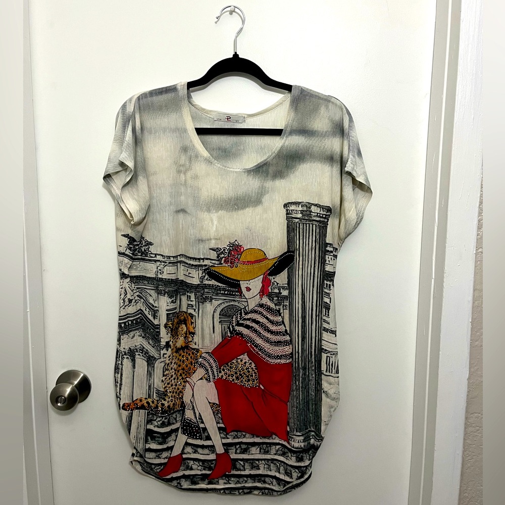 Stylish Graphic Print Women's Top - Gray and Red